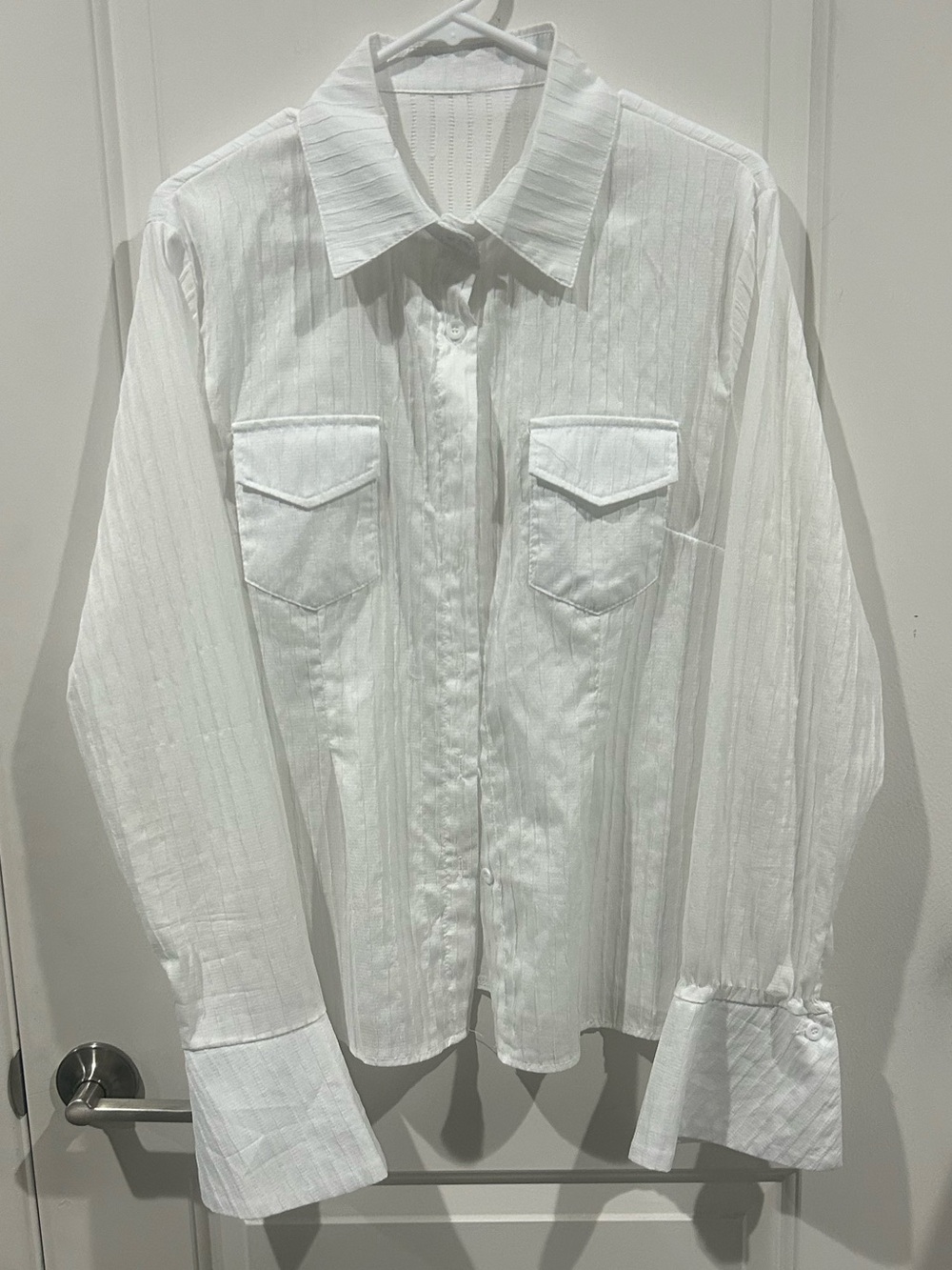 SHEIN White Textured Button-Up Blouse with Chest Pockets